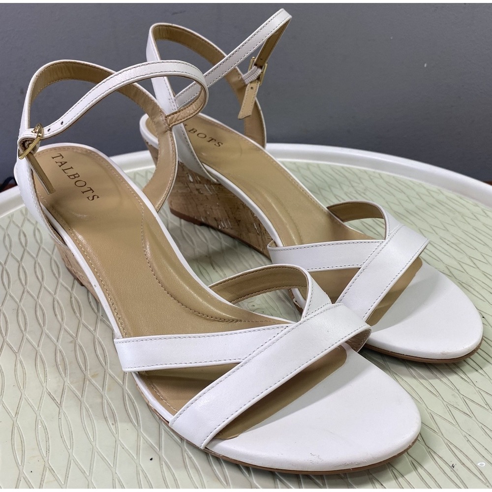 Talbots Royce Women Leather Strappy White Wedge Dress Sandal Espadrille Shoe 10M